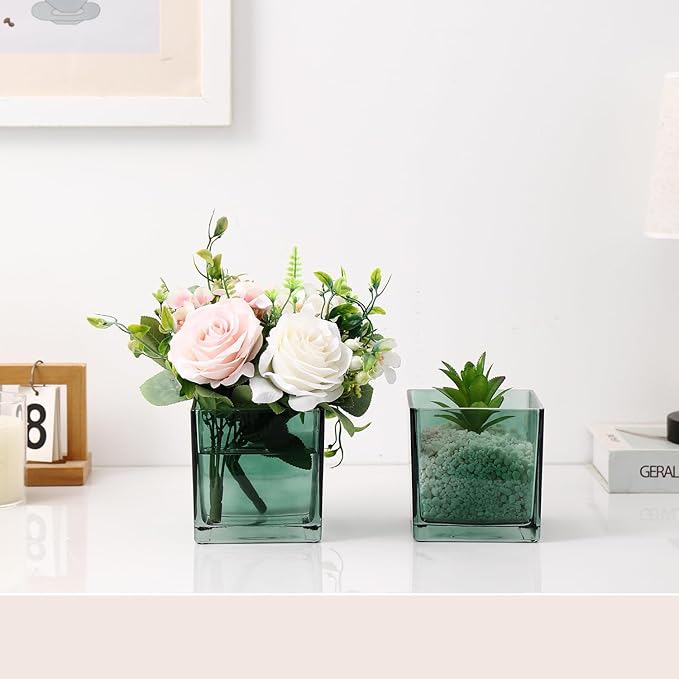 MARTAGE Square Glass Vases Set of 4, 5" x 5" x 5" Green Flower Vases for Centerpieces, Square Vase for Flowers, Small Vase for Wedding, Party, Home Office Decoration