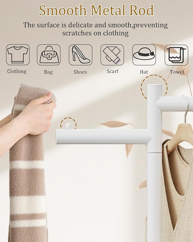 Garment Rack, Freestanding Metal Coat Racks, Z-shaped Coat Tree with Natural Rock Base, Suitable For Outerwear, Clothes, Handbags, 68.9in, White