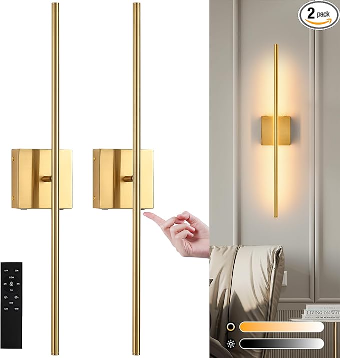 Battery Operated Wall Sconces set of 2, 16000mAh Brushed Gold Rechargeable Wall Sconce with Remote Control, 3000K-6000K Dimmable LED Wireless Wall Light for Living Room Hallway Bedroom Stairs 29 Inchs