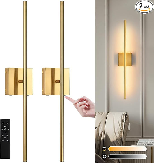 Battery Operated Wall Sconces set of 2, 16000mAh Brushed Gold Rechargeable Wall Sconce with Remote Control, 3000K-6000K Dimmable LED Wireless Wall Light for Living Room Hallway Bedroom Stairs 29 Inchs