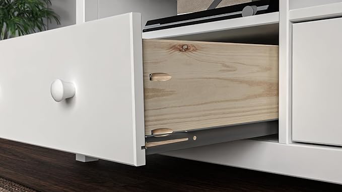 Handcrafted Solid Oak TV Stand Entertainment Center - Elegant White Media Console with Spacious Storage Drawers & Open Shelves - Sturdy Wood Cabinet Fits TVs up to 55 Inches