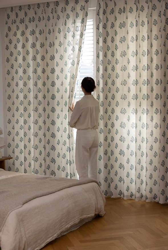 Linen Blend Pinch Pleated Curtains for Living Room, Bedroom, Dining Room - Light Filtering Curtains 2 Panels Set - Luxury and Modern Floral Printed Design - Kashmir Blue, 30" W x 108" L