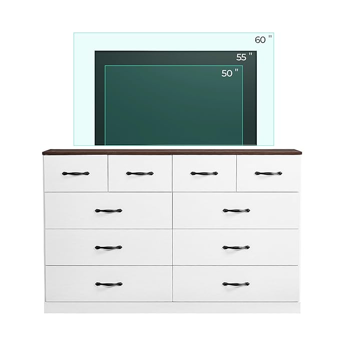 LINSY HOME 10 Drawer Dresser for Bedroom, 54" Wide Chest of Drawers, Modern TV Stand Dressers with Wood Frame and Metal Handles, Large Drawer Organizer for Bedroom, Living Room, White