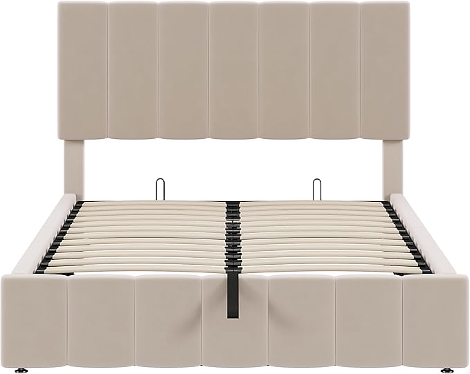 Full Size Bed Frame with Headboard, Elegant Linen Upholstered Platform Bed with a Hydraulic Storage System, Linen Fabric Backrest and Pine Wood Slats, No Box Spring Needed, Beige
