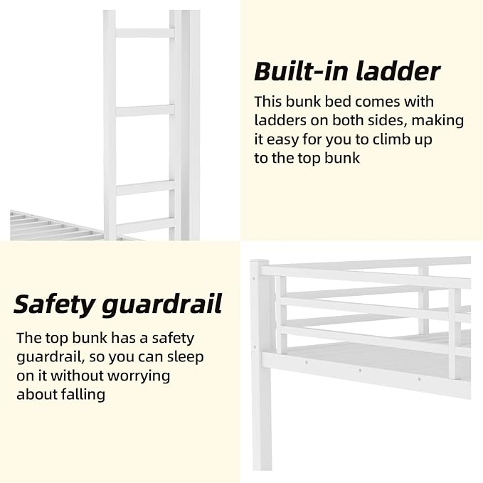 Queen Over Queen Bunk Bed Frame, Heavy Duty Metal Loft Bed for Adults/Teens, 350/600LB Capacity w/Ladder & Guardrail, Noise-Free Steel Slats, No Box Spring Required, White