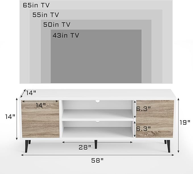 Flamaker TV Stand, 58 Inch Entertainment Center with 2 Doors and 2 Storage Cabinets for TV up to 65 inch, TV Console Table for Living Room, Bedroom, Office (White and Oak)