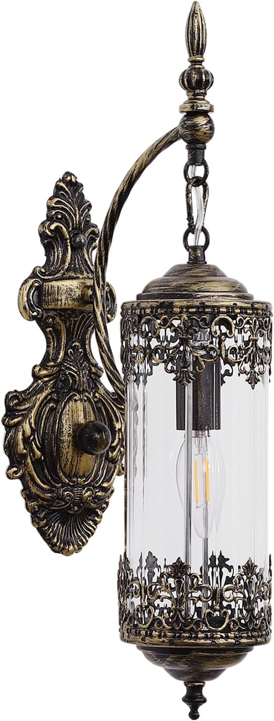 Rustic Glass Wall Sconce Mini Vintage Antique Gothic Wall Light Fixture Retro Farmhouse Mid Centry Lantern Wall Sconce for Bedroom, Hallway, Living Room, Mirror, Brush Gold, E12