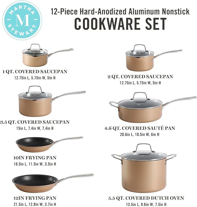 Martha Stewart 12 Piece Heavy Gauge Aluminum Hard Anodized Premium Nonstick Cookware Set, Induction Safe, Copper w/Black Interior