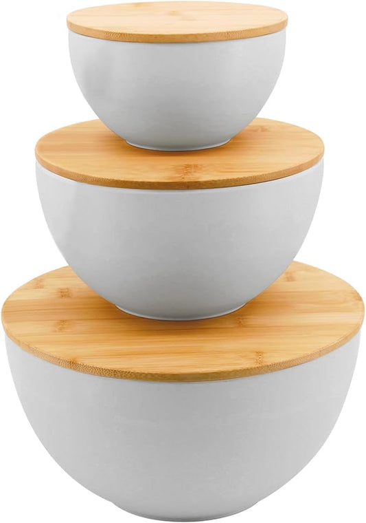 Salad Bowl Set of 3 with Bamboo Wooden Lids, Mixing Bowls Set, Nesting Bowls for Space Saving Storage, Made with Durable Eco-Friendly Bamboo Fiber, Great for Prepping and Serving Food, Grey