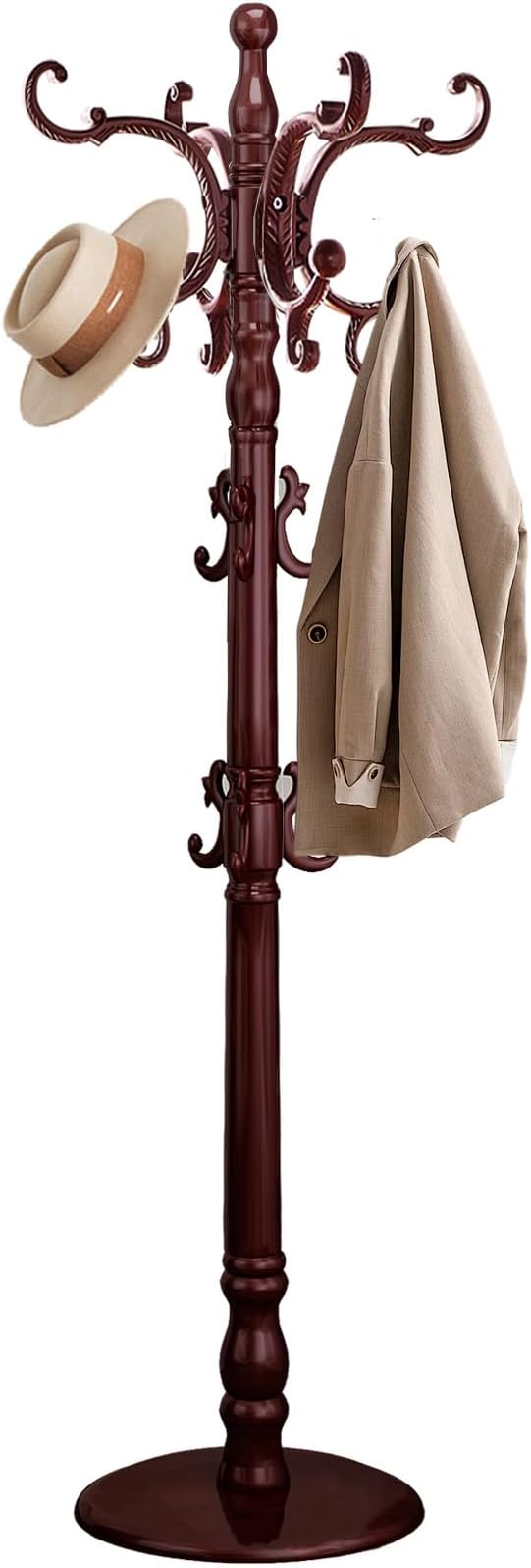 Coat Rack Freestanding, Wooden Coat Tree with Stable Round Base, Vintage Heavy Duty Coat Rack Stand with 14 Hooks, Coat Hanger Stand for Bedroom, Office, Entryway (Mahogany)