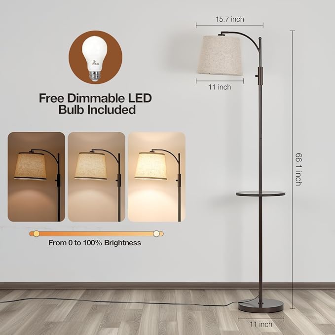 AIDENOEY Fully Dimmable Floor Lamp for Living Room，Standing Lamp Rotary Switch with Table&Linen Beige Shade，Brown Tall Lamps for Bedroom with Adjust Head，9W LED Bulb Included