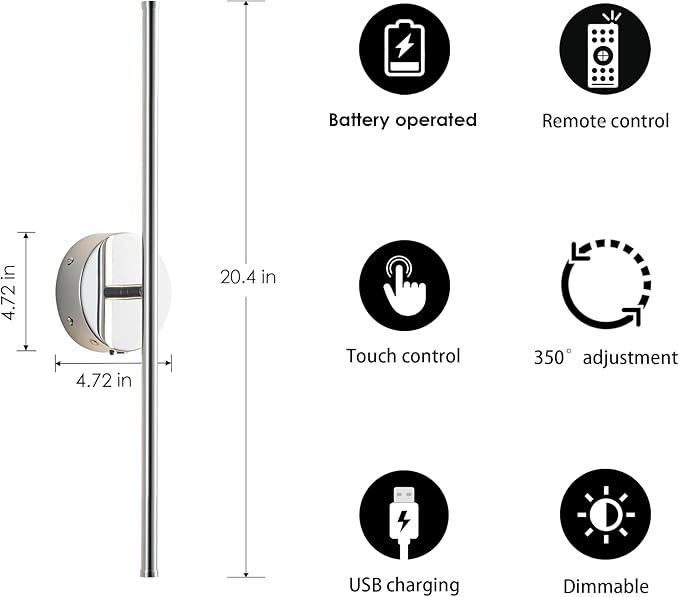 Battery Operated Wall Sconces with Remote Control, Dimmable Wall Sconces Set of Two, 350°Rotate, 3000K LED Chrome Wireless Wall Light for Living Room, Bedroom,Hallway, 20.4 Inch (2 Pack)