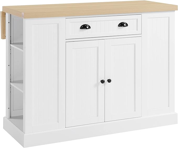 HOMCOM 47" Fluted-Style Wooden Kitchen Island, Kitchen Countertop Storage Cabinet with Drop Leaf, Drawer, Open Shelves, Storage, White