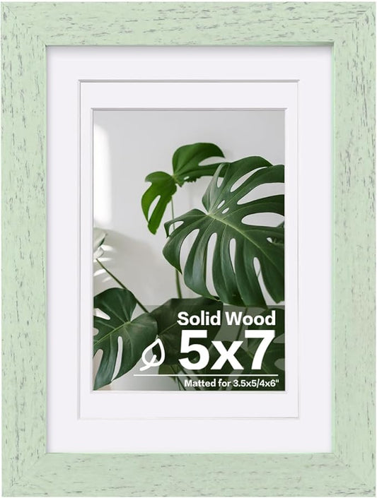 Egofine 5x7 Picture Frame Made of Solid Wood,Covered by Plexiglass Display Pictures 3.5x5/4x6 with Mat or 5x7 Without Mat for Table Top Display and Wall Mounting Photo Frame, Rustic Green