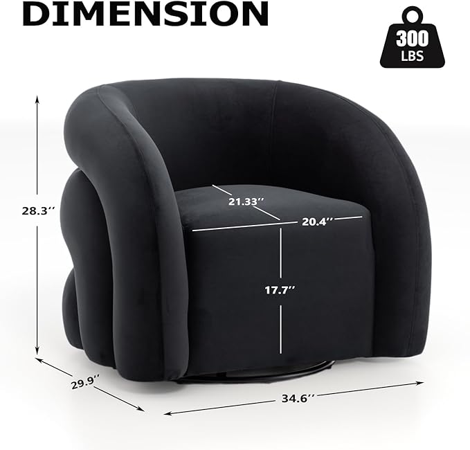 34.6" Velvet Swivel Accent Chair, Modern Round Armchair for Living Room,Upholstered Comfy Sofa Barrel Chairs for Bedroom Reading Apartment Lounge,Fully Assembled(Black)