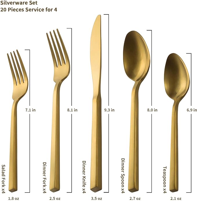 Alata Cube Gold 45-Piece Flatware Set, Forged Cutlery Set, Matte Gold Silverware Service for 8, Stainless Steel Tableware with Square Handle for Home/Restaurant, Dishwasher Safe