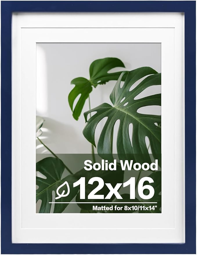 Egofine 12x16 Picture Frame Made of Solid Wood, Display Covered by Plexiglass, Display Pictures 9x12/11x14 with Mat or 12x16 Without Mat for Wall Mounting, Navy Blue