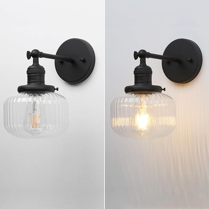 Industrial Vintage Wall Sconce 1-Light with Clear Striped Glass Globe Shade Indoor Wall Mounted Lamp Fixture (Black)