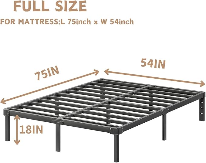 ZIYOO 18 Inch Full Size Metal Platform Bed Frame with Heavy-Duty Steel Slat Support, No Box Spring Needed, Under Bed Storage Space, Easy Assembly, Noise-Free, Sturdy & Durable, Black