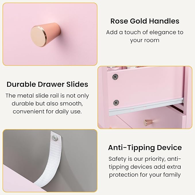 Karl home Pink 5 Drawer Dresser for Bedroom, Modern Wood Dresser Chest of Drawers, Pink Bedroom Dressers for Girls, Anti-Tipping Device, Rose Gold Metal Handle, Living Room, Entryway, Hallway, Office