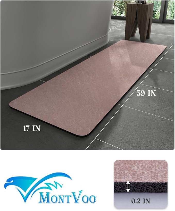 MontVoo -Bath Mat Rug-Rubber Backing Non Slip Quick Dry Absorbent Thin Bathroom Rugs Fit Under Door-Faux Suede Surface Bathroom Floor Mats-Shower Rug for in Front of Bathtub Shower Dusty Rose 17"x59"