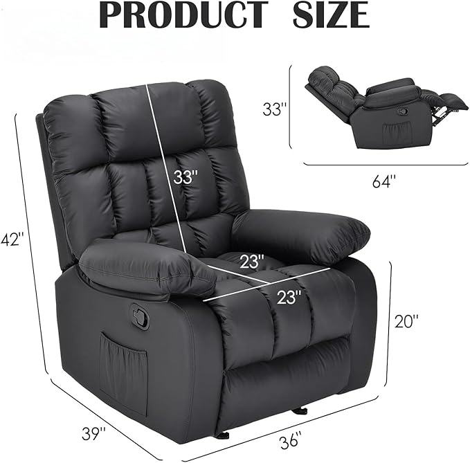 Recliner Chair, Leather Adjustable Recliner with Side Pockets, Living Room Power Reclining Lounge Chair for Adults, Small Spaces Comfy Sofa with Theater Seating for Bedroom, Black