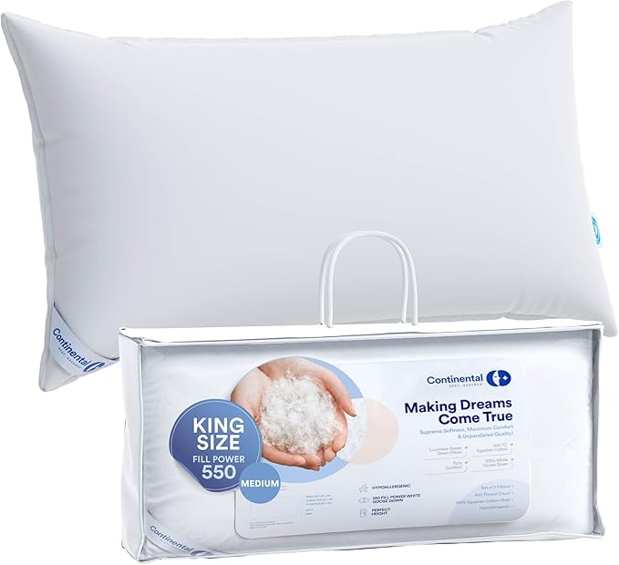 Continental Bedding Medium King Pack of 1 White Down Pillows 30 Ounce 550FP Hotel Down Pillows for Supporting Back Side and Stomach Sleepers