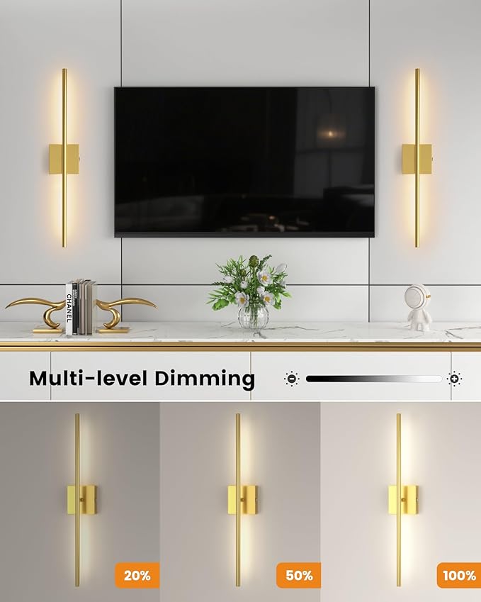 VOLISUN Battery Operated Wall Sconce Set of Two, Gold Rechargeable Wall Lights with Remote Control, 3000K-6500K Dimmable Wall Lamp, 27.6 Inch LED Wireless Wall Lights for Bedroom, Living Room,Hallway