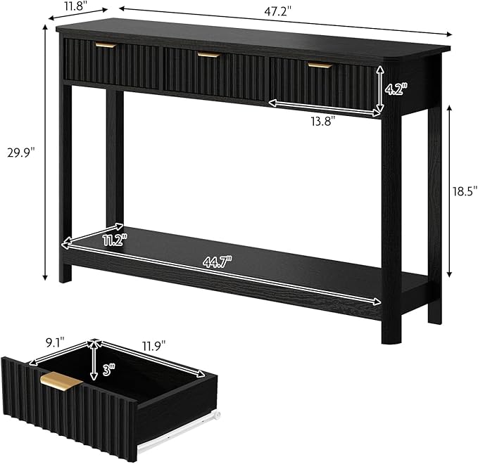 Fluted Console Table with Drawers, Modern 47.1" Entryway Table with Storage Shelf, Boho Narrow Skinny Behind Couch Wood Sofa Table for Living Room Hallway Entrance Foyer, Black