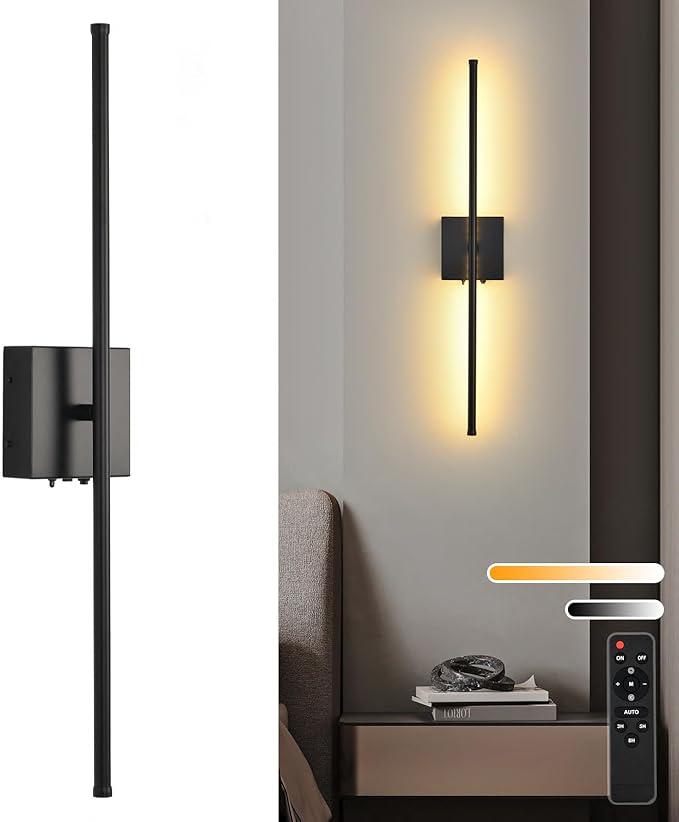 Battery Operated Wall Sconces with Remote Control, 11000mAh LED Wireless Rechargeable Black Wall Lights, 350°Rotate Dimmable Wall Lamp, 3 Color Temperatures, for Bedroom, Living Room, Hallway, 1 PCS