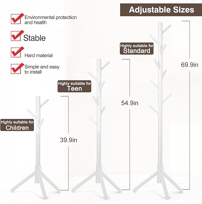 Coat Rack, Freestanding Coat Rack with 8 Hooks and 3 Adjustable Size Tree Coat Racks for Bedroom, Hallway, Entrance, Office, for Hats, Coats, Scarves, Handbags