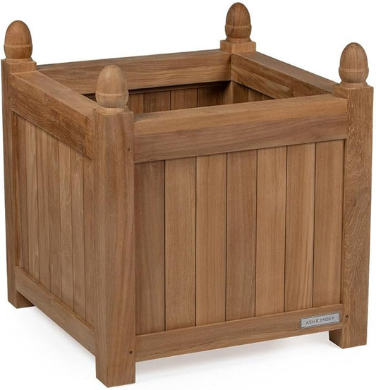 Ash & Ember Grade A Teak 25in Square Planter Box, Indoor Outdoor Large Cubed Flower Box, Weather Resistant Backyard Decor