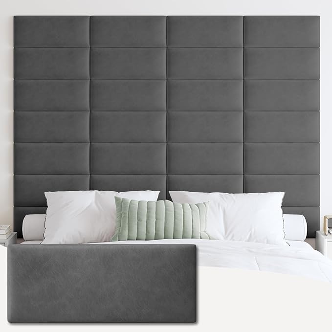 IFNOW Wall Mounted Upholstered Headboard, 3D Peel and Stick Soundproof Wall Panels, Reusable Padded Leather Bed Headboard, 6 Panels 9.84" x 23.62", Dark Grey