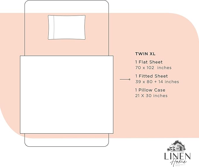 Linen Home 100% Cotton Percale Sheets Twin XL Size, Tropical Peach, Deep Pocket, 3 Pieces Set - 1 Flat, 1 Deep Pocket Fitted Sheet and 1 Pillowcase, Crisp Cool and Strong Bed Linen