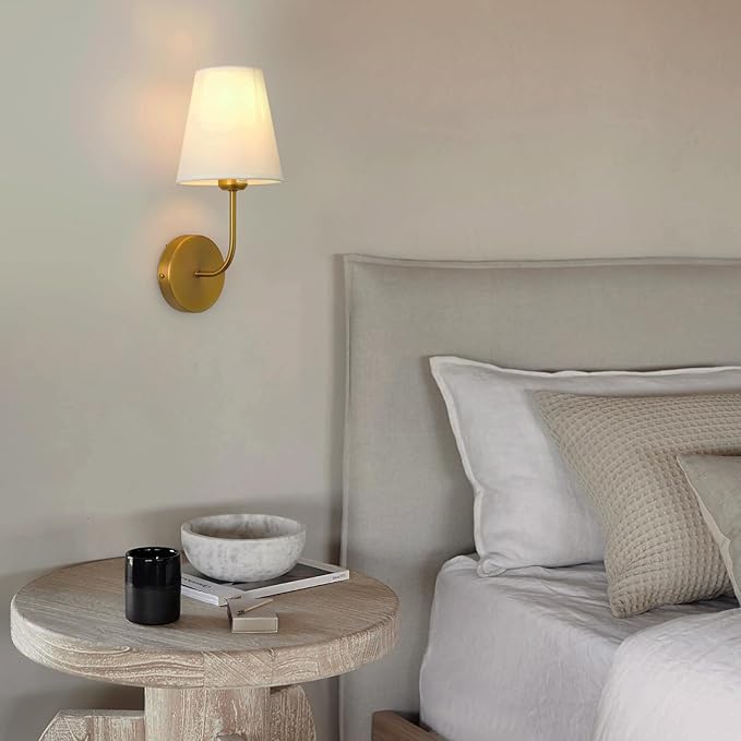 Antique Brass Hardwired Wall Sconce Set of 2 - Matte Gold Finish with White Fabric Shades，Bedroom Lighting, Living Room, Farmhouse, Fireplace, Hallway, Bedside Lamp,bathroom Hardwired Wall Lights