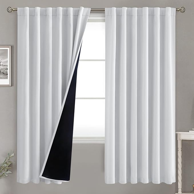 BGment Greyish White 100% Blackout Curtains 72 Inches Long with Black Liner, Rod Pocket and Back Tab Double Layer Room Darkening Thermal Window Curtains for Bedroom, 2 Panels, Each 52 x 72 Inch