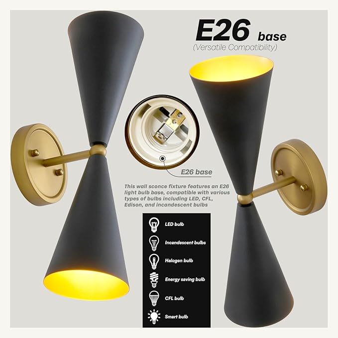 Modern Black Gold Wall Sconce, Vintage Double Heads Up and Down Sconces Wall Lighting, Indoor Hardwired Wall Lamp Fixture for Bathroom Bedroom Living Room Hallway