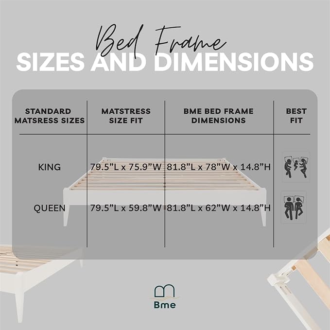 Bme Dinkee Signature Ivory White Queen Bed Frame Without Headboard - Modern & Minimalist Style with Acacia Wood - 12 Strong Wood Slat Support - Easy Assembly - No Box Spring Needed