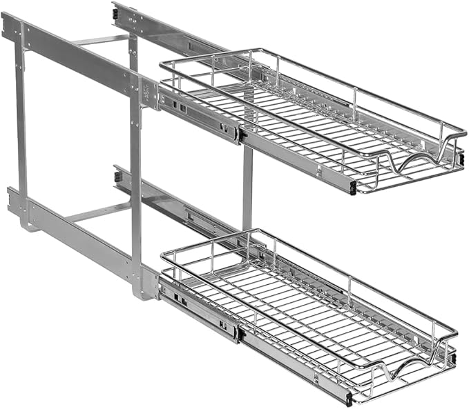 HOLDN’ STORAGE Pull Out Cabinet Organizer, Individual Sliding Drawers - Heavy Duty Metal with Lifetime Limited Warranty - Anti Rust Chrome Finish (Two Tier, 8" W)