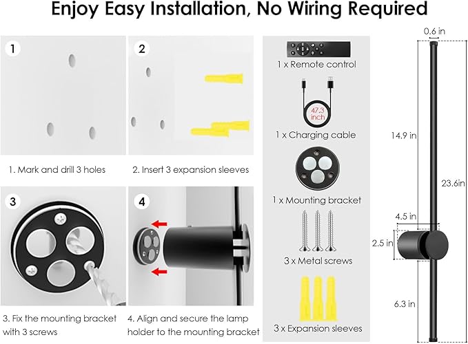 23.6 Inch Battery Operated Wall Sconce, 12000mAh Rechargeable Wall Sconce with Remote Control, Dimmable LED Wireless Wall Light for Bedroom, Living Room, 15 Colors, 180° Rotate, Black, 1 Pack