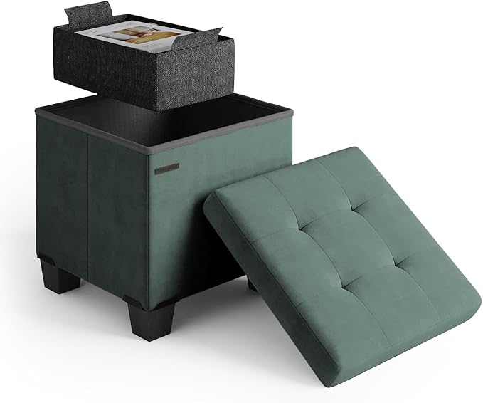 STORAGEBUD Storage Ottoman Cube with Small Bin, 15-in Square Ottoman with Storage for Living Room and Bedroom, Small Ottomans Foot Rest, Velvet Foot Stools Ottomans Max 330lbs, Green