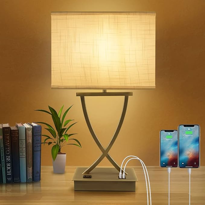 3-Way Dimmable Touch Control Medium Table Lamp with Type C/USB Charging Port and 1 AC Outlet White Shade 21.38" Bedside Nightstand Lamp for Bedroom Living Room Office and Hotel Bulb Included