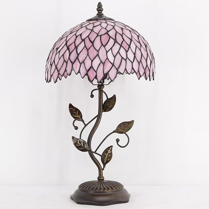 Tiffany Table Lamp, Stained Glass Desk Light, W12H19 Inch, Metal Leaf Base (Pink Wisteria)