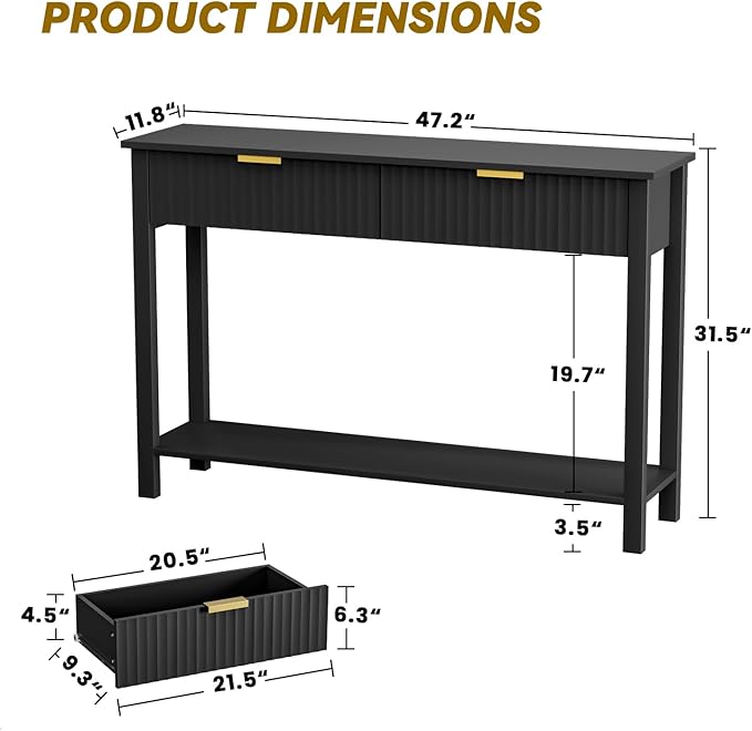 Console Table with 2 Fluted Drawers,Entryway Table with Open Storage Shelf, 47.2" Wood Sofa Table for Living Room and Hallway Brown