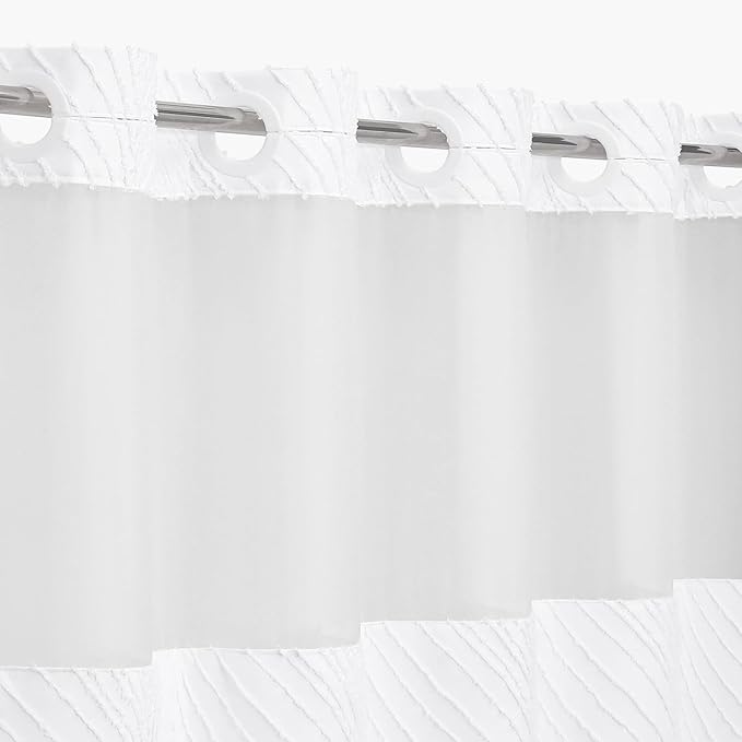 No Hook Boho White Shower Curtain and Liner Set, Modern Fabric Shower Curtain with Snap in Liner, Tufted Style with See Through Top Window Shower Curtains for Luxury Bathroom Decor, 72x74