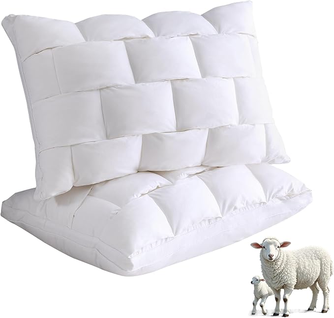 YOUR MOON Organic Wool Pillow Queen Size Set of 2 - Premium Natural Wool Fill, Soft Thick Down Alternative Pillow for Sleeping, 100% Cotton Cover, Support Bed Pillows for Side and Back Sleepers(White)