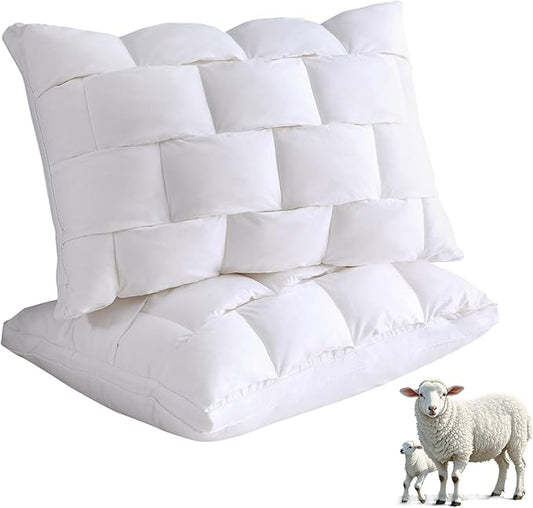 YOUR MOON Organic Wool Pillow Queen Size Set of 2 - Premium Natural Wool Fill, Soft Thick Down Alternative Pillow for Sleeping, 100% Cotton Cover, Support Bed Pillows for Side and Back Sleepers(White)