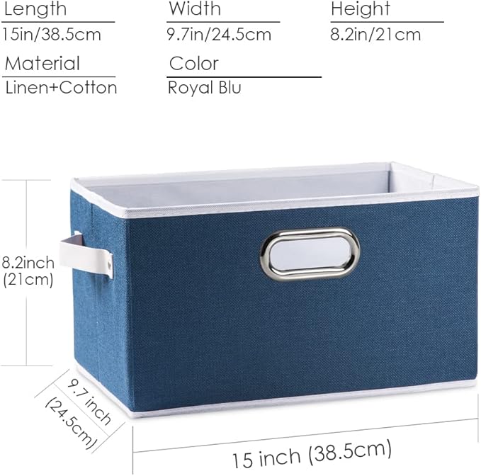 PRANDOM Large Collapsible Storage Baskets for Closet [5-Pack] Decorative Fabric Storage Bins Cubes with Leather/Metal Handles for Shelves Bedroom Living Room Royal Blue (14.9x9.8x8.3 Inch)