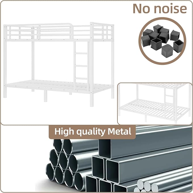 Twin XL Over Twin XL Bunk Bed Frame, Heavy Duty Metal Loft Bed for Adults/Teens, 250/400LB Capacity w/Ladder & Guardrail, Noise-Free Steel Slats, No Box Spring Required, White