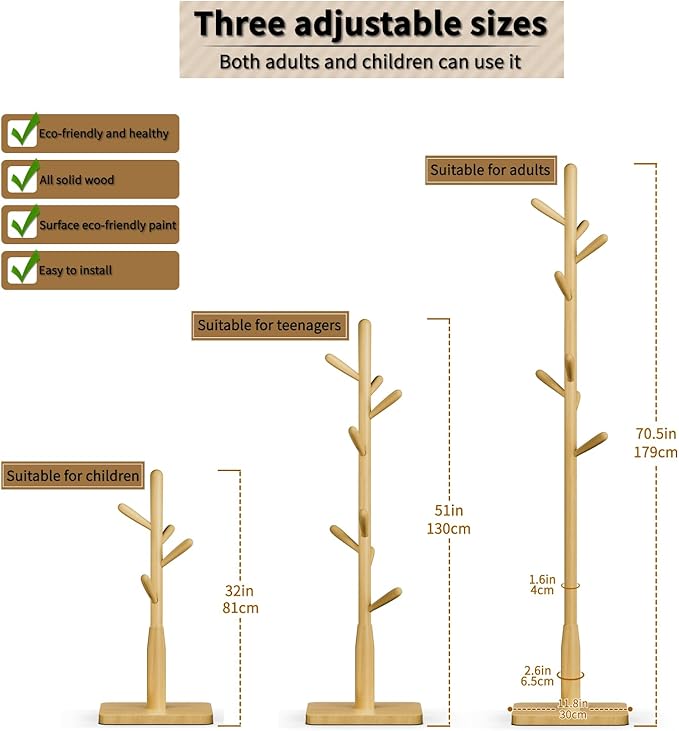 Solid Wood Square Base Coat Rack, Free Standing Hall Coat Tree with 8 Hooks（+2 spare) for Coats, Hats, Bags, Purses, for Entryway, Hallway, Rubberwood Hooks,Base and Pole,(Square Base, Natural Beige)